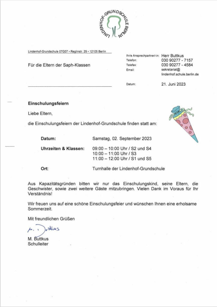 Einschulungstermine Elternbrief